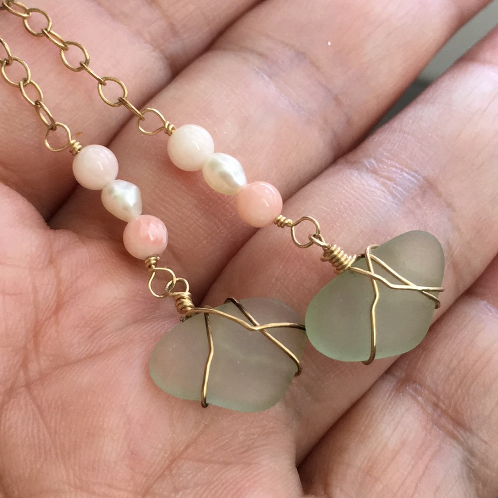 🖤Handmade seaglass pearl coral earrings - Picture 8 of 8